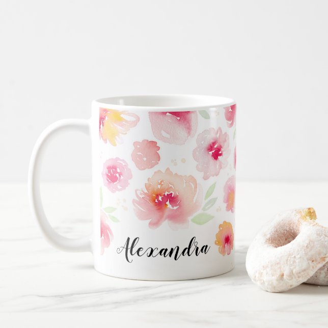 Watercolor Flowers Personalised Name Coffee Mug (With Donut)