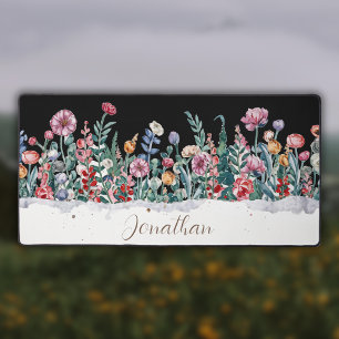 Watercolor Flowers Personalised Script Name Desk Mat
