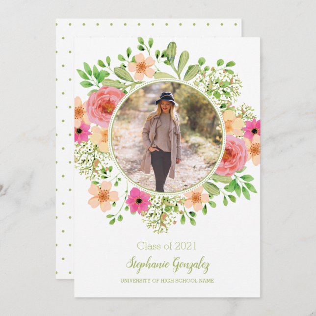 Watercolor Flowers Photo Graduation Announcement (Front/Back)