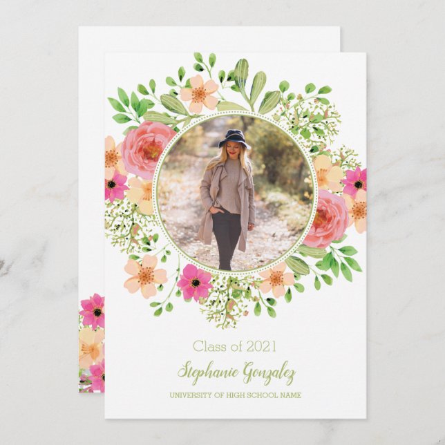 Watercolor Flowers Photo Graduation Party Invite (Front/Back)