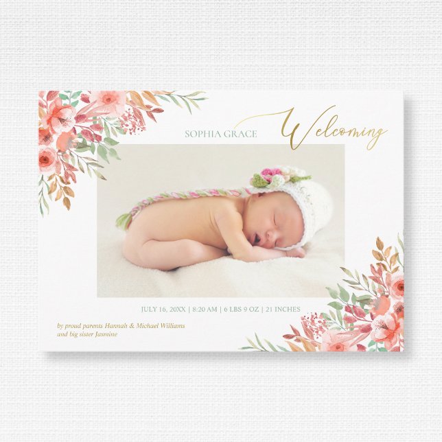 Watercolor Flowers Pink Baby Girl Photo Birth Announcement (Creator Uploaded)