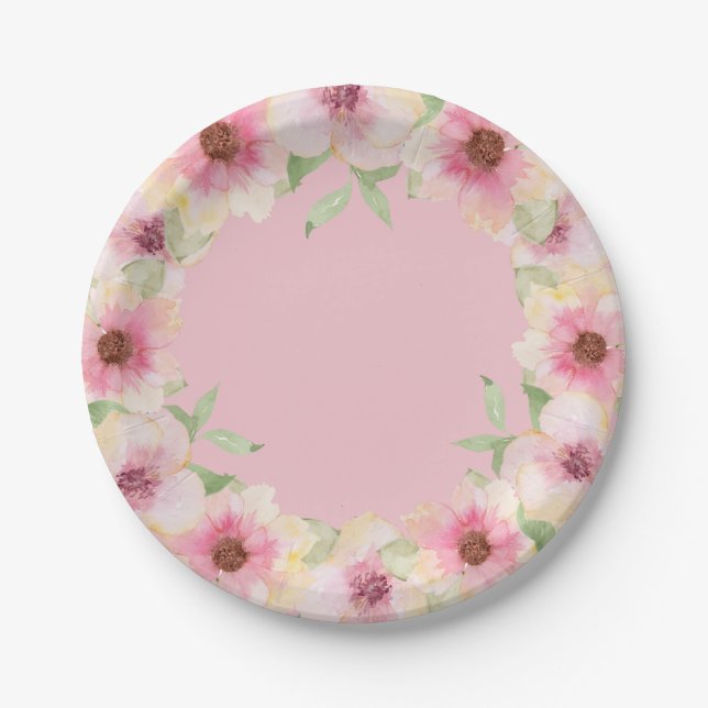 Watercolor Flowers Pink Blush Paper Plate (Front)