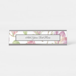 Watercolor Flowers Pink Floral Garden Green Leaves Desk Name Plate