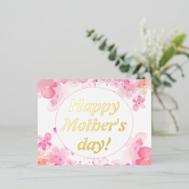 Watercolor flowers pink mother day Foil Holiday Postcard (Standing Front)