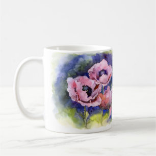 Watercolor flowers pink poppy illustration flowers coffee mug