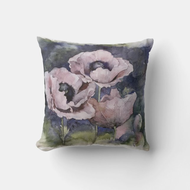 Watercolor flowers pink poppy illustration flowers cushion (Front)