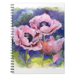 Watercolor flowers pink poppy illustration flowers notebook
