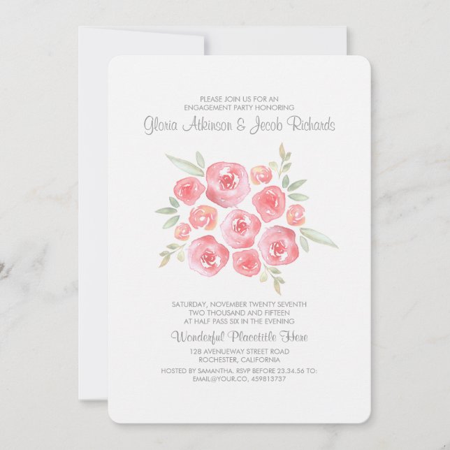 Watercolor Flowers Pink Roses Engagement Party Invitation (Front)