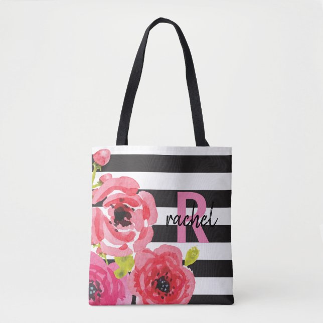 Watercolor Flowers Pink & Stripes Monogrammed Tote Bag (Front)