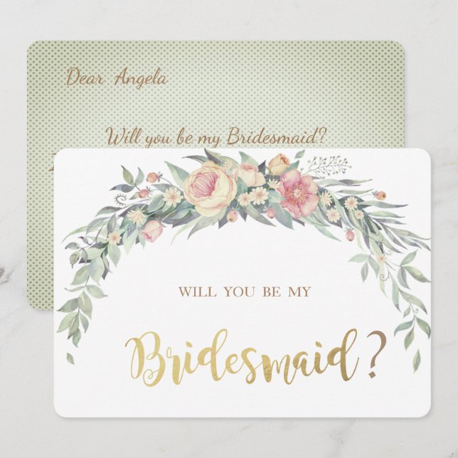 Watercolor Flowers, Polka Dots  Bridesmaid Card (Front/Back)