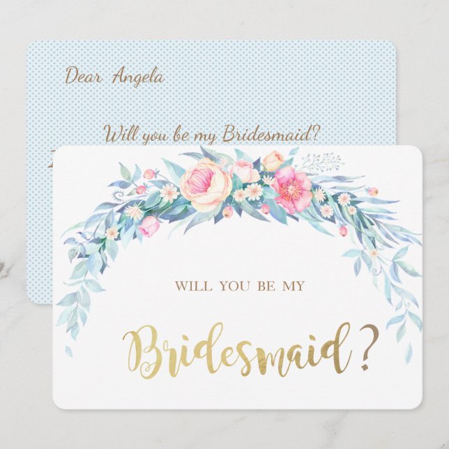 Watercolor Flowers Polka Dots  Bridesmaid Card (Front/Back)
