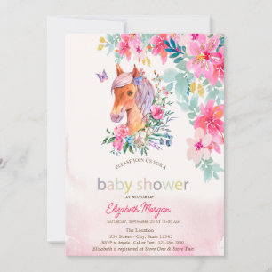 Watercolor Flowers Pony Horse Baby Shower Invitation