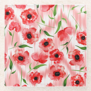 Watercolor flowers: poppy peony ikat. glass coaster