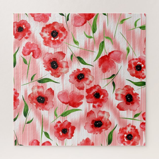 Watercolor flowers: poppy peony ikat. jigsaw puzzle (Vertical)