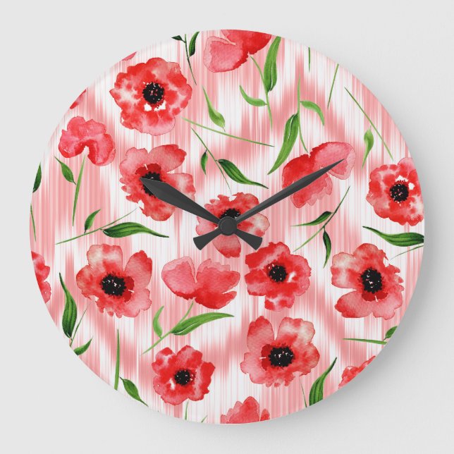 Watercolor flowers: poppy peony ikat. large clock (Front)