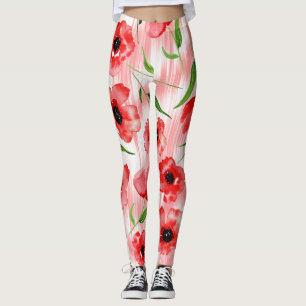 Watercolor flowers: poppy peony ikat. leggings