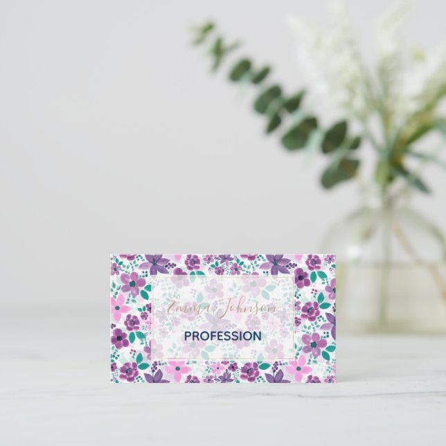  Watercolor Flowers Purple Pink Botanical Business Card (Standing Front)