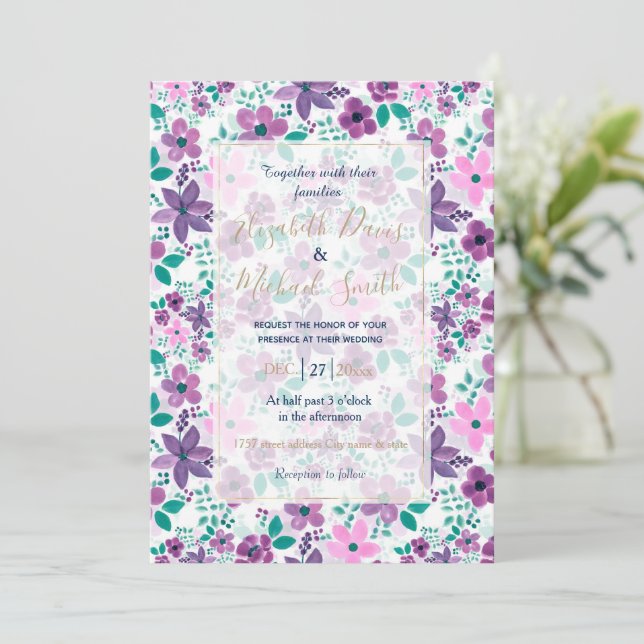  Watercolor Flowers Purple Pink Botanical Invitation (Standing Front)