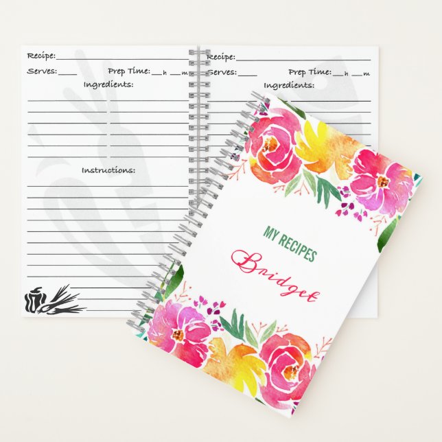 watercolor Flowers Recipes  with Name Notebook (Inside)