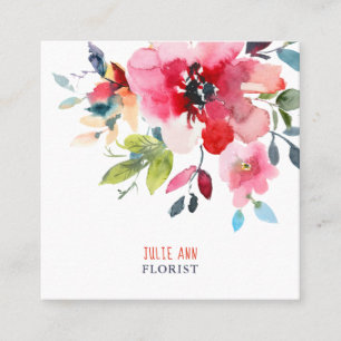 WATERCOLOR FLOWERS, RED OMBRE SQUARE BUSINESS CARD