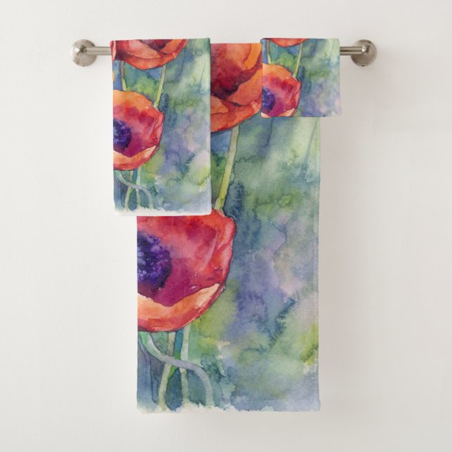 Watercolor flowers red poppy illustration flowers bath towel set (Insitu)