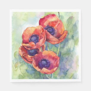 Watercolor flowers red poppy illustration flowers napkin