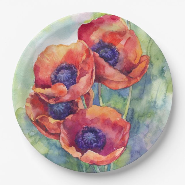 Watercolor flowers red poppy illustration flowers paper plate (Front)