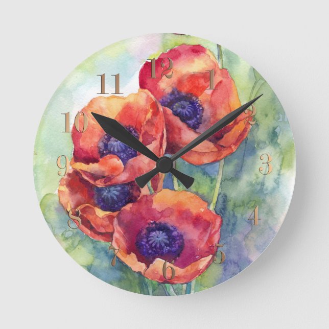 Watercolor flowers red poppy illustration flowers round clock (Front)