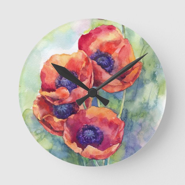 Watercolor flowers red poppy illustration flowers round clock (Front)