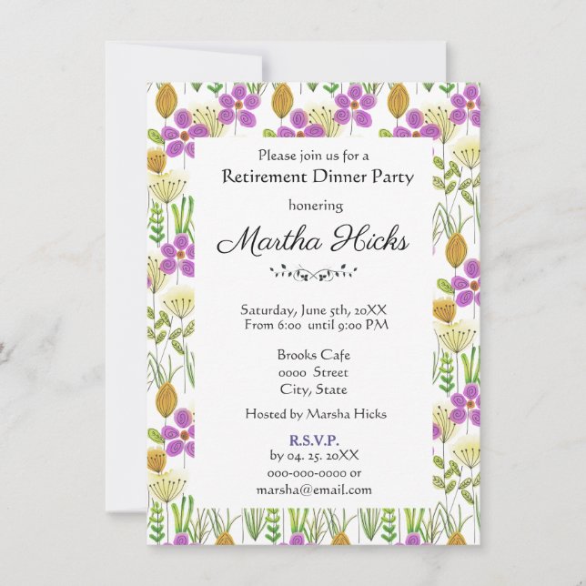 Watercolor Flowers Retirement Dinner Party  Invitation (Front)