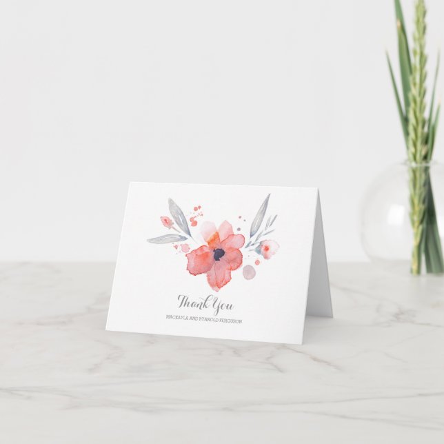 Watercolor Flowers Romantic Wedding Thank You Card (Front)