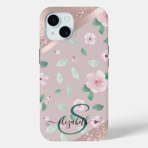 Watercolor Flowers Rose Gold Monogram iPhone 15 Case