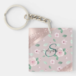 Watercolor Flowers Rose Gold Monogram Key Ring