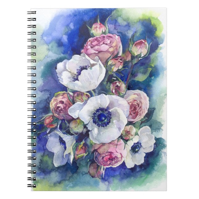 Watercolor flowers roses anemone illustration flow notebook (Front)