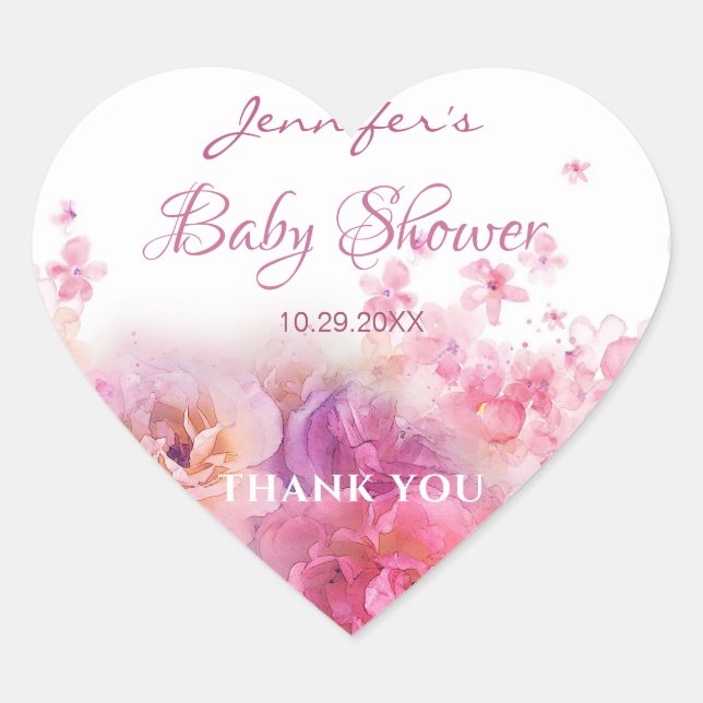 Watercolor Flowers Roses Baby Shower Chic Script Heart Sticker (Front)