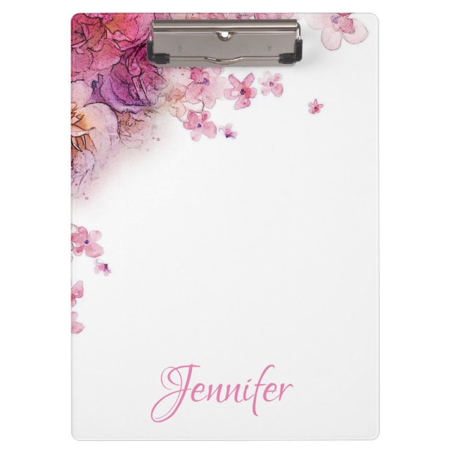 Watercolor Flowers Roses Elegant Personalised Clipboard (Front)