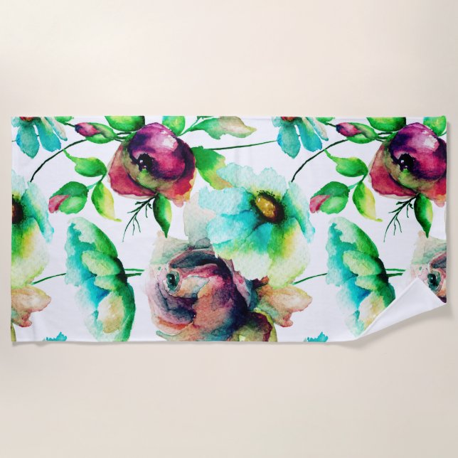 Watercolor flowers  & roses pattern beach towel (Front)