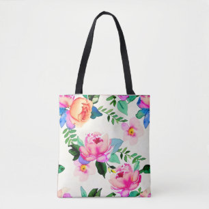 watercolor flowers roses tote bag