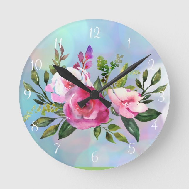 Watercolor Flowers Round Wall Clock (Front)