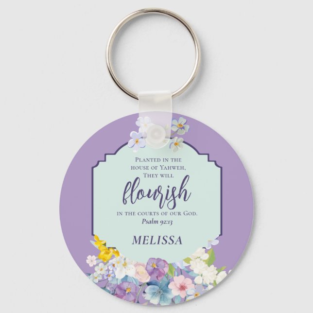 Watercolor Flowers Scripture Verse Personalised Key Ring (Front)