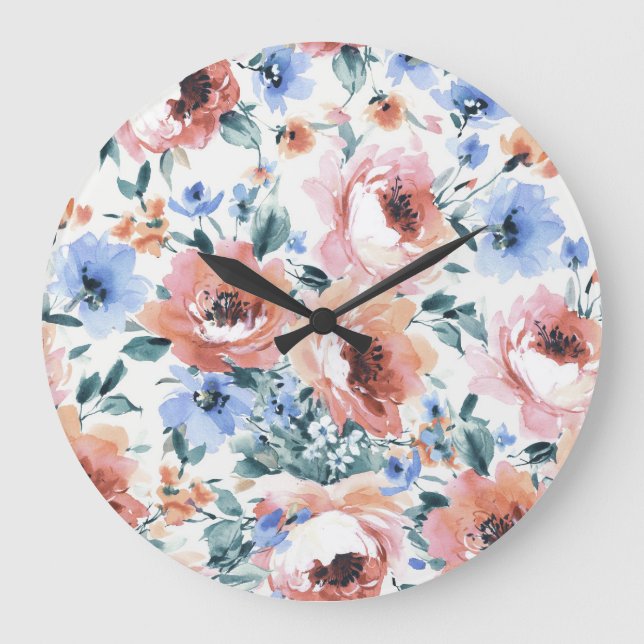Watercolor flowers, seamless pattern illustration. large clock (Front)