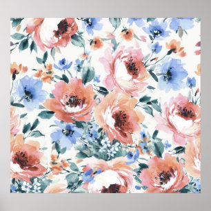 Watercolor flowers, seamless pattern illustration. poster