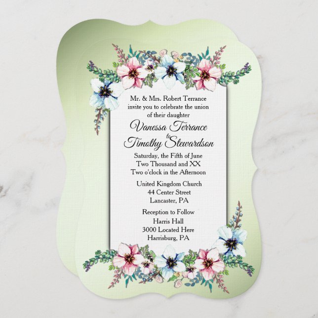 Watercolor Flowers Shine Wedding Invitation (Front/Back)
