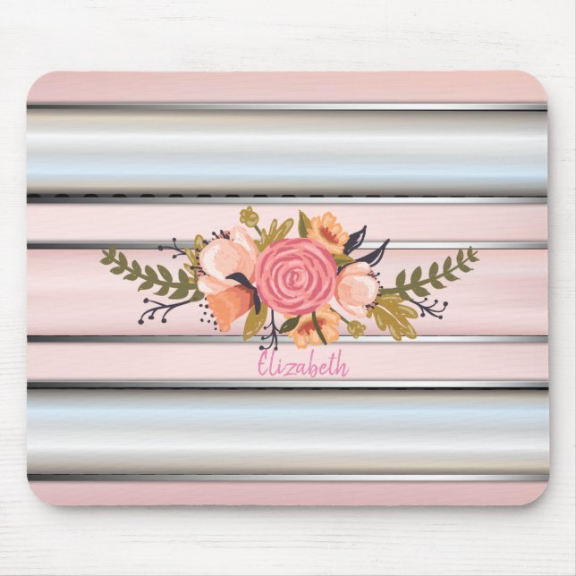 Watercolor Flowers,Silver  Stripes -Personalised Mouse Mat (Front)