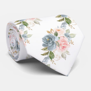 Watercolor Flowers Slate Blue Blush Pink Roses Tie