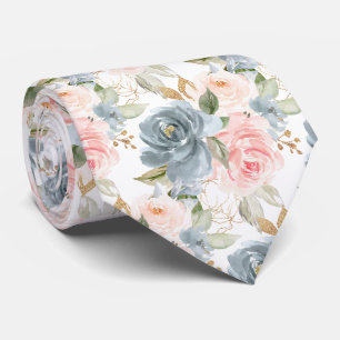 Watercolor Flowers Slate Blue Blush Pink Roses Tie
