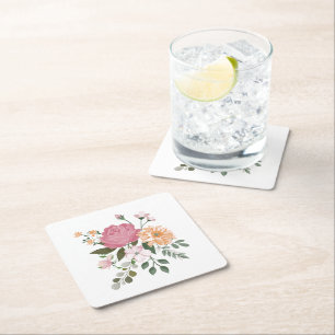 Watercolor flowers square paper coaster