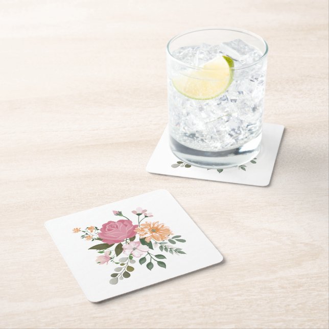 Watercolor flowers  square paper coaster (Insitu)