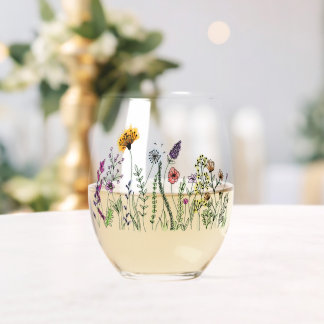 Watercolor flowers stemless wine glass