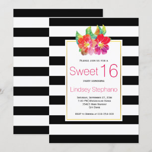 Watercolor flowers, stripes sweet sixteen birthday invitation